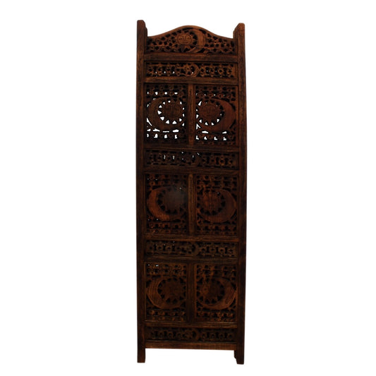 Paravent de séparation de pièce en bois pliable à 4 panneaux, avec motif soleil et lune sculpté à la main, marron.