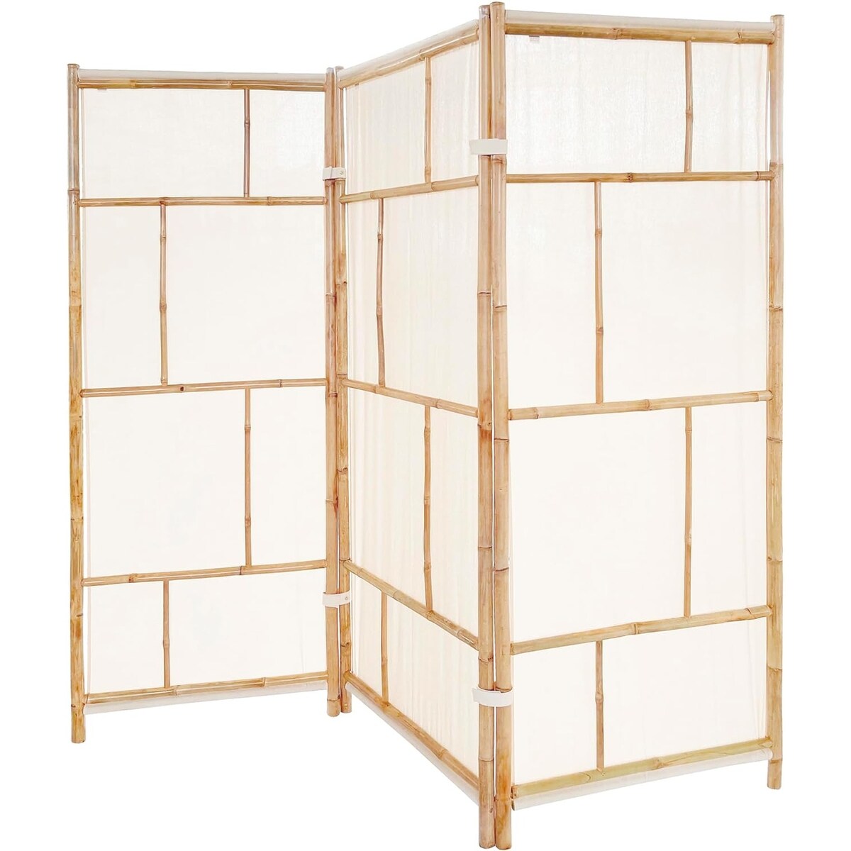 Paravent pliable en bambou artisanal à 3 panneaux, écran de confidentialité, tissu écru