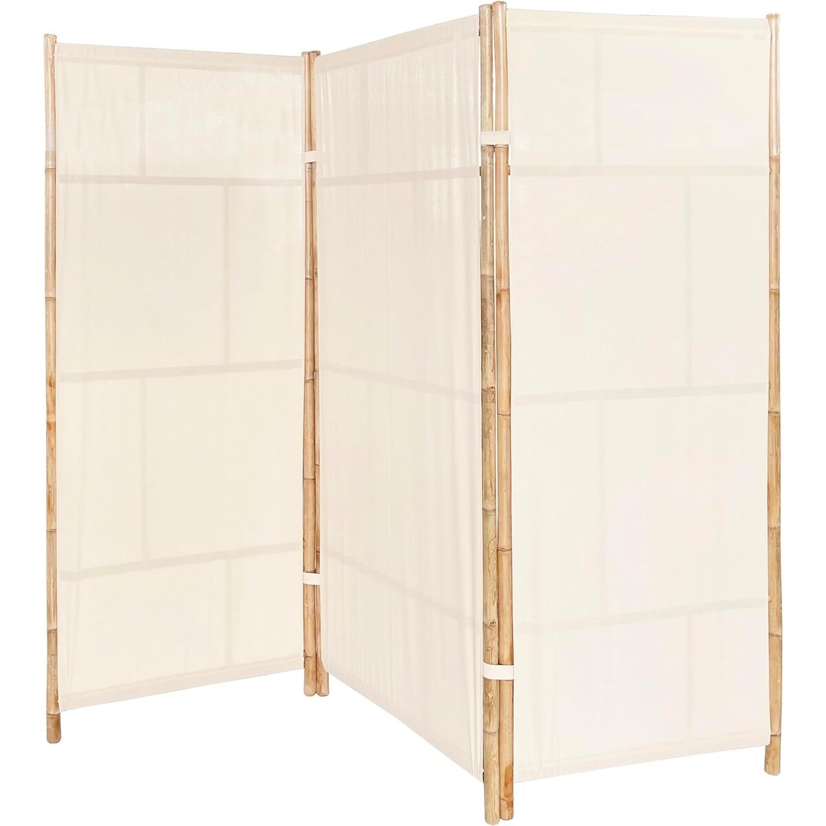 Paravent pliable en bambou artisanal à 3 panneaux, écran de confidentialité, tissu écru