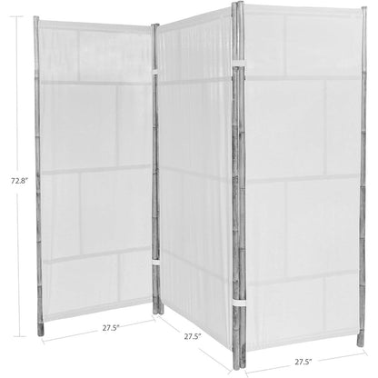 Paravent pliable en bambou artisanal à 3 panneaux, écran de confidentialité, tissu écru