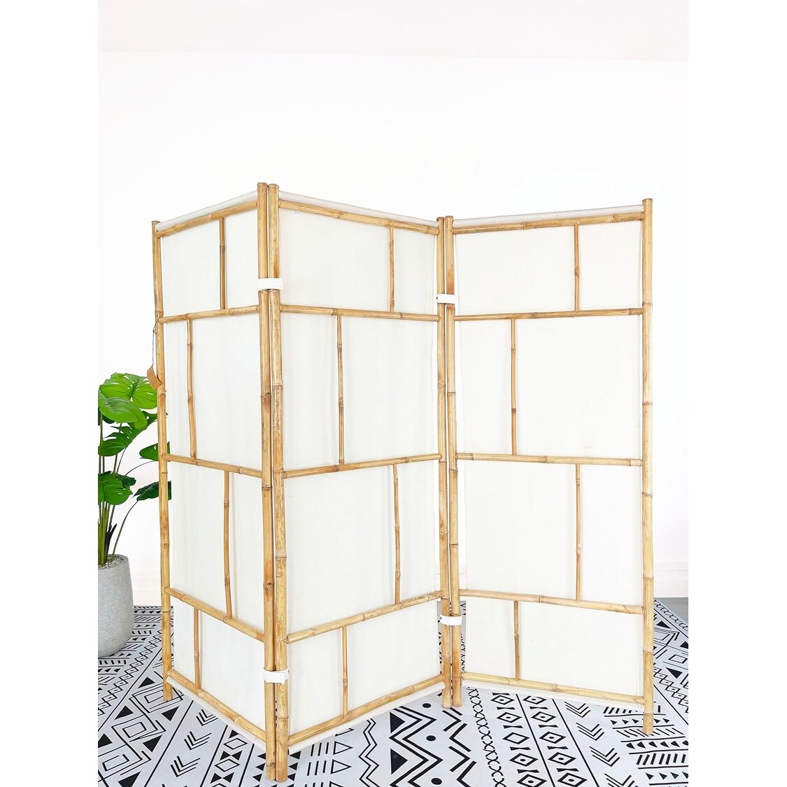 Paravent pliable en bambou artisanal à 3 panneaux, écran de confidentialité, tissu écru