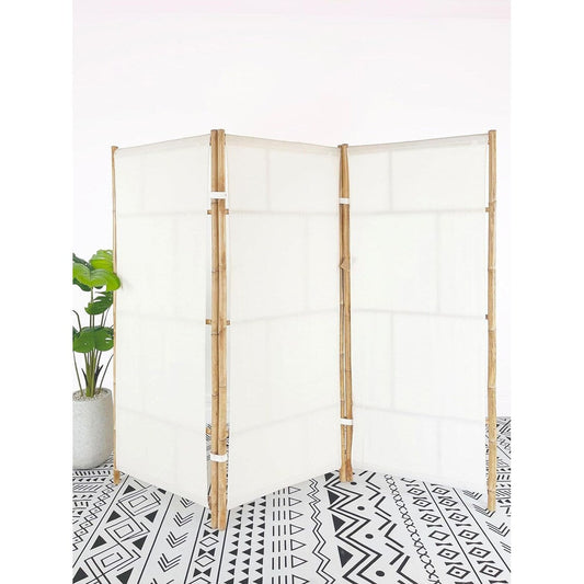Paravent pliable en bambou artisanal à 3 panneaux, écran de confidentialité, tissu écru