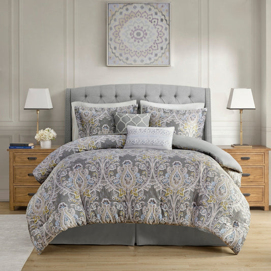 Ensemble de couette et oreillers Harbor House Hallie 6 pièces en coton à motif damassé gris.