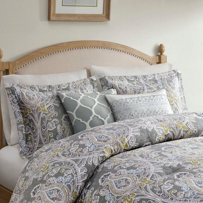 Ensemble de couette et oreillers Harbor House Hallie 6 pièces en coton à motif damassé gris.