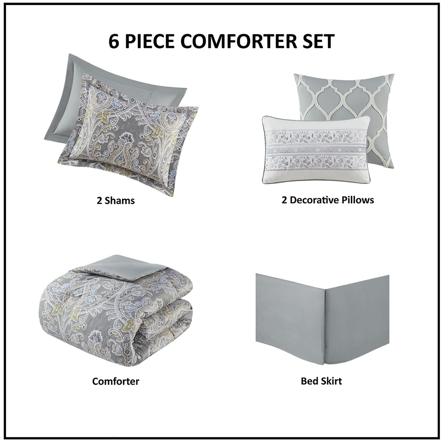 Ensemble de couette et oreillers Harbor House Hallie 6 pièces en coton à motif damassé gris.