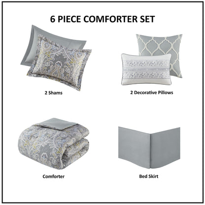 Ensemble de couette et oreillers Harbor House Hallie 6 pièces en coton à motif damassé gris.