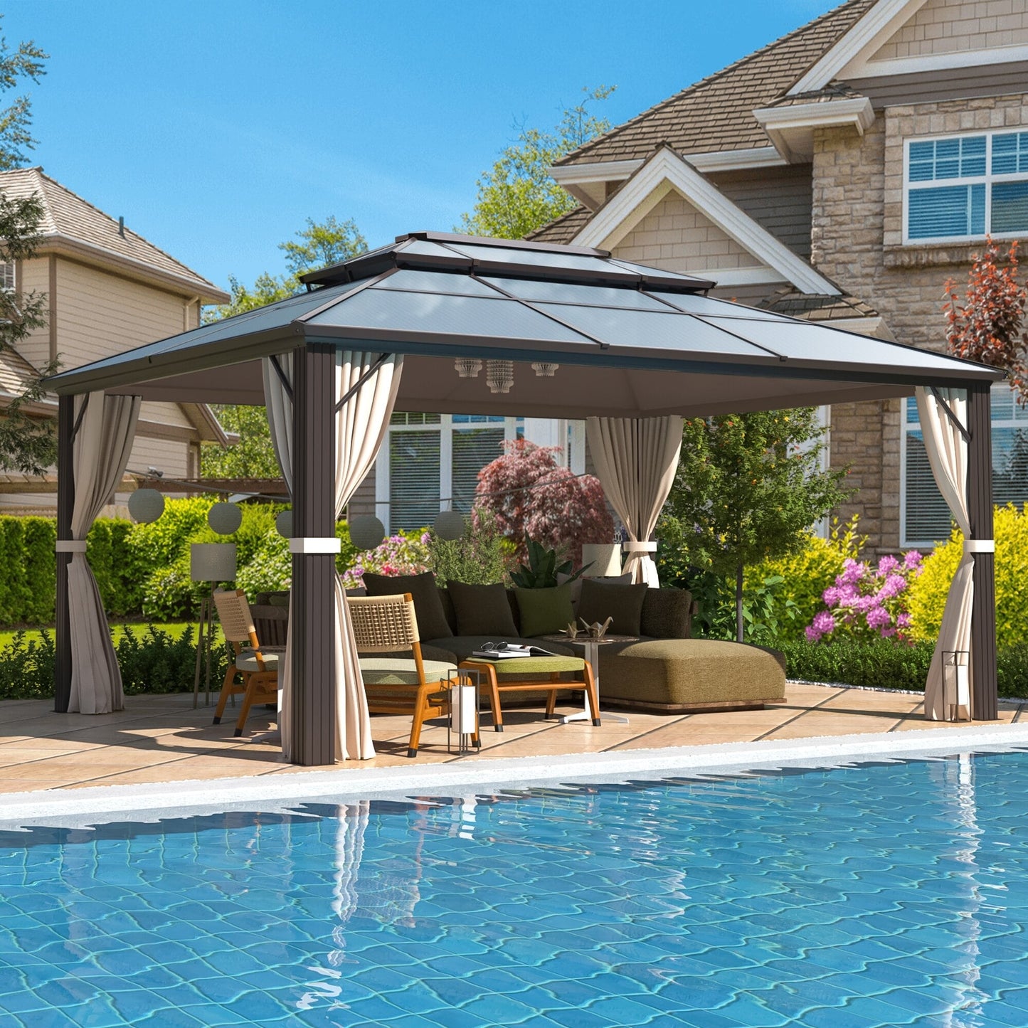 Gazebo à toit rigide pour jardin – Pergola permanente avec moustiquaire, rideaux et toit double, abri extérieur toutes saisons