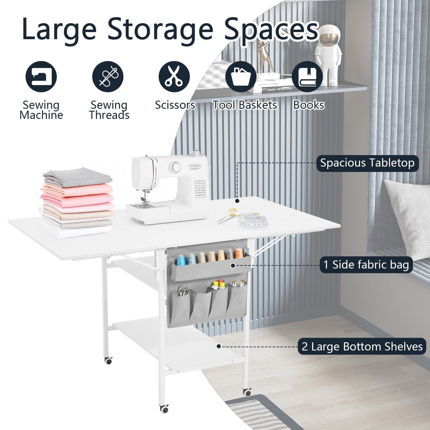 Table d'artisanat à hauteur réglable avec étagères de rangement, table de coupe pliable mobile pour le bureau à domicile, la couture, la salle de loisirs créatives.
