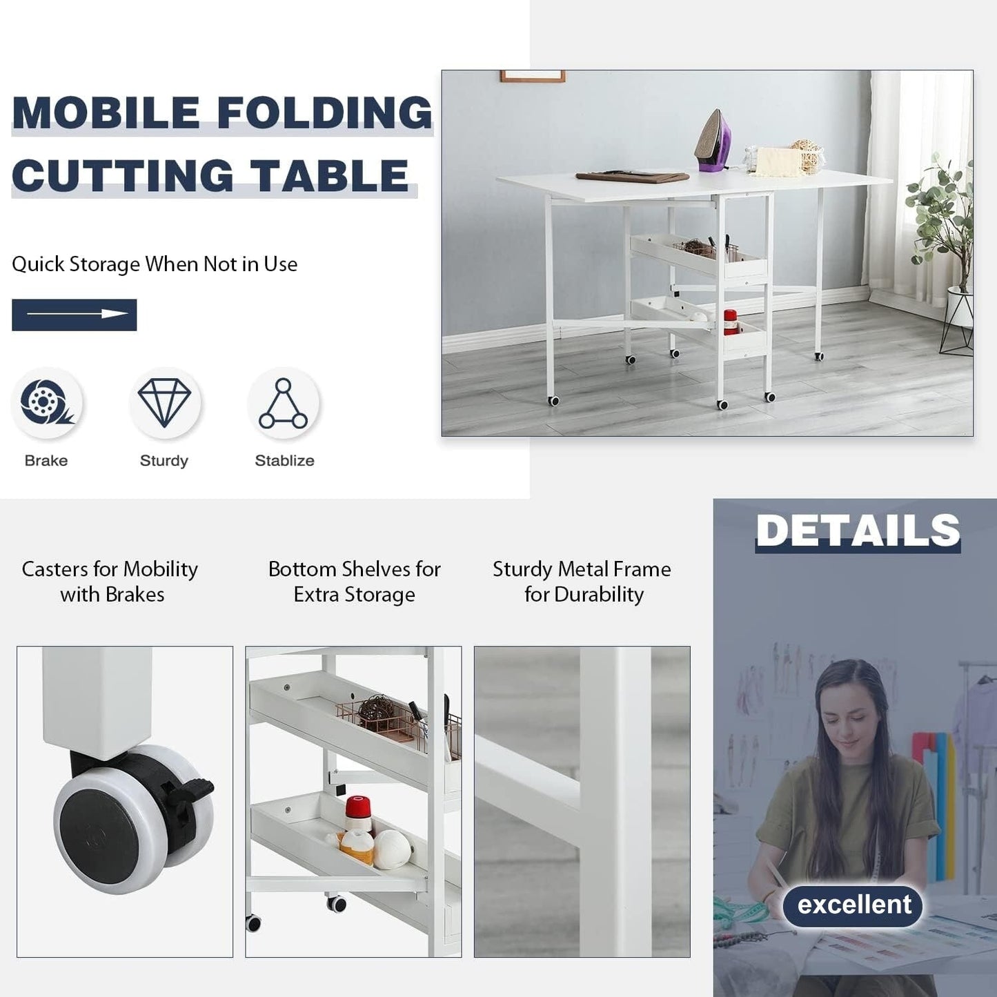 Table d'artisanat à hauteur réglable avec étagères de rangement, table de coupe pliable mobile pour le bureau à domicile, la couture, la salle de loisirs créatives.