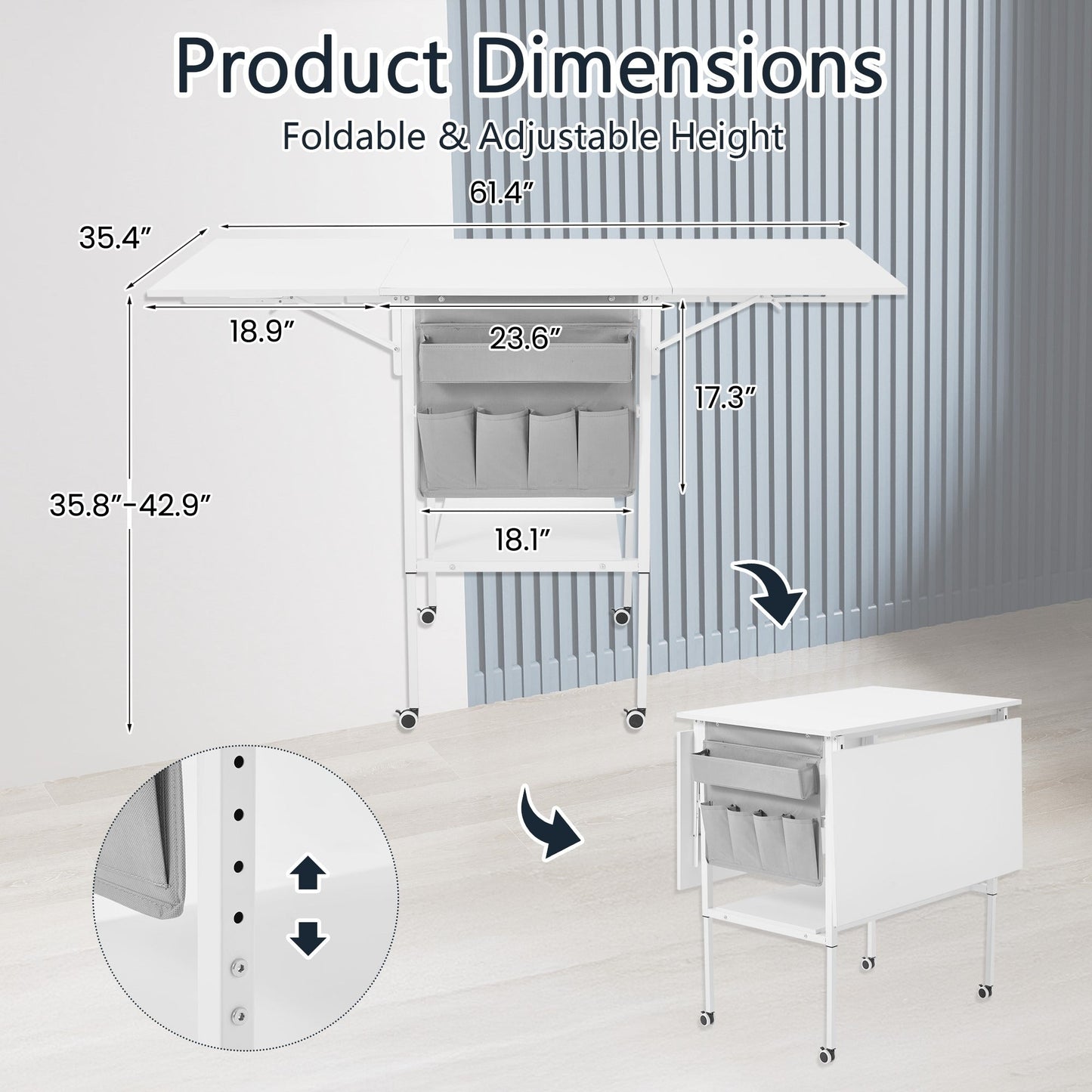 Table d'artisanat à hauteur réglable avec étagères de rangement, table de coupe pliable mobile pour le bureau à domicile, la couture, la salle de loisirs créatives.