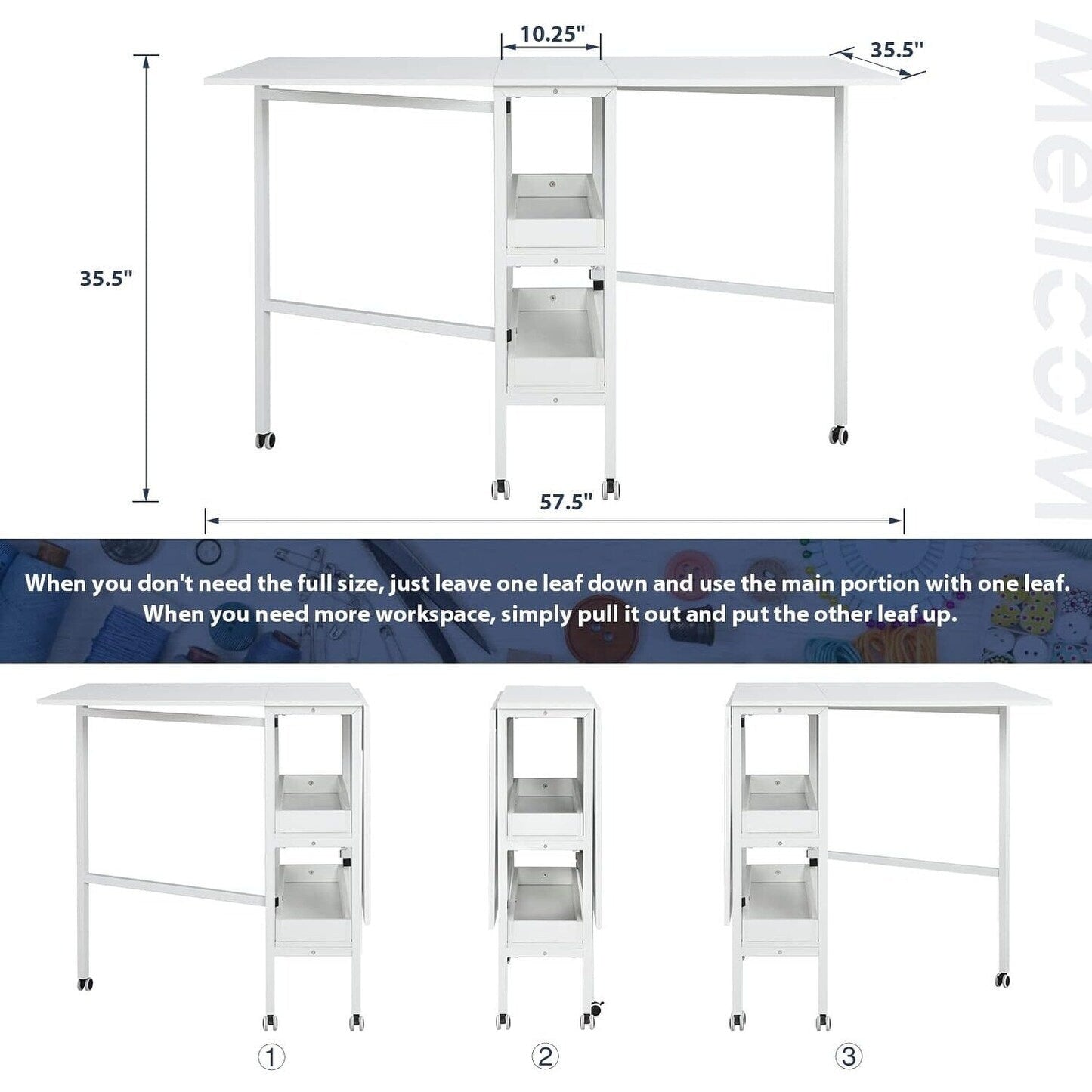 Table d'artisanat à hauteur réglable avec étagères de rangement, table de coupe pliable mobile pour le bureau à domicile, la couture, la salle de loisirs créatives.