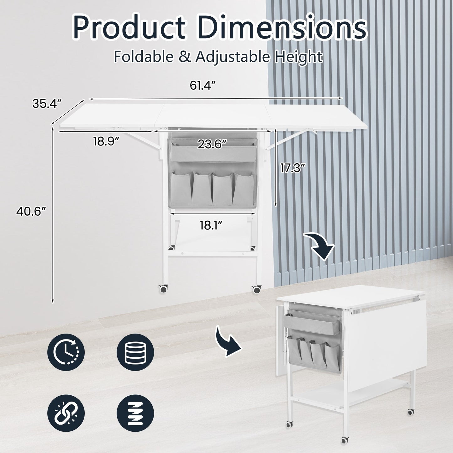 Table d'artisanat à hauteur réglable avec étagères de rangement, table de coupe pliable mobile pour le bureau à domicile, la couture, la salle de loisirs créatives.