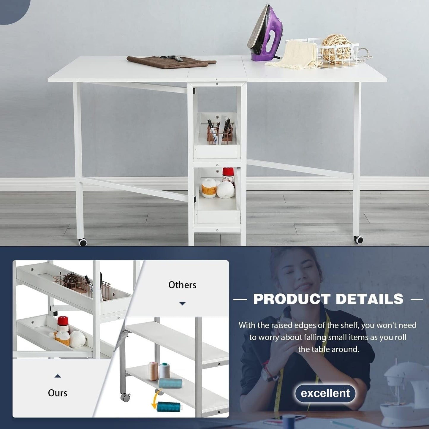 Table d'artisanat à hauteur réglable avec étagères de rangement, table de coupe pliable mobile pour le bureau à domicile, la couture, la salle de loisirs créatives.