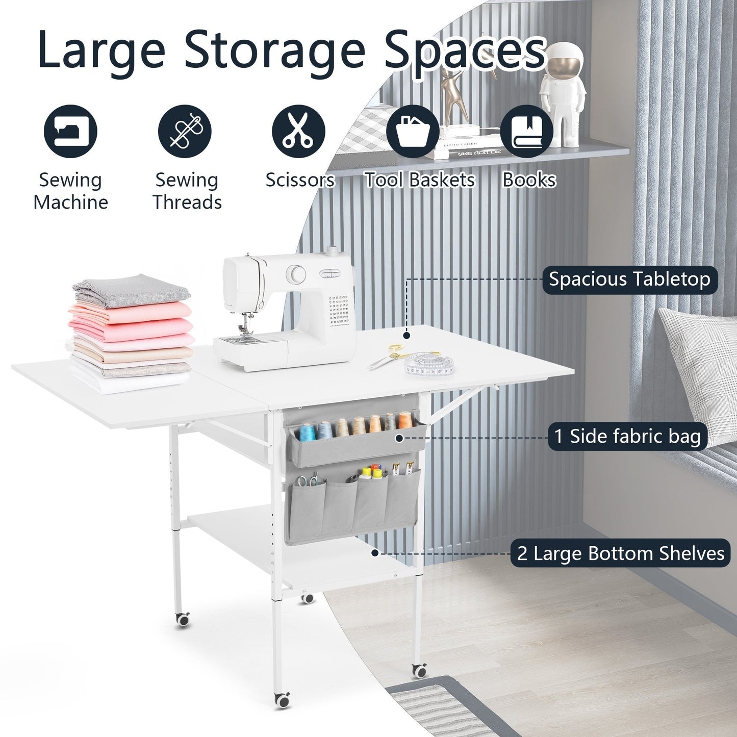 Table d'artisanat à hauteur réglable avec étagères de rangement, table de coupe pliable mobile pour le bureau à domicile, la couture, la salle de loisirs créatives.