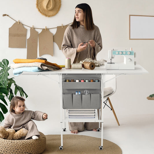 Table d'artisanat à hauteur réglable avec étagères de rangement, table de coupe pliable mobile pour le bureau à domicile, la couture, la salle de loisirs créatives.