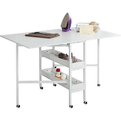 Table d'artisanat à hauteur réglable avec étagères de rangement, table de coupe pliable mobile pour le bureau à domicile, la couture, la salle de loisirs créatives.