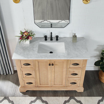 Meuble-lavabo Hervas avec plan de toilette en marbre naturel, sans miroir.