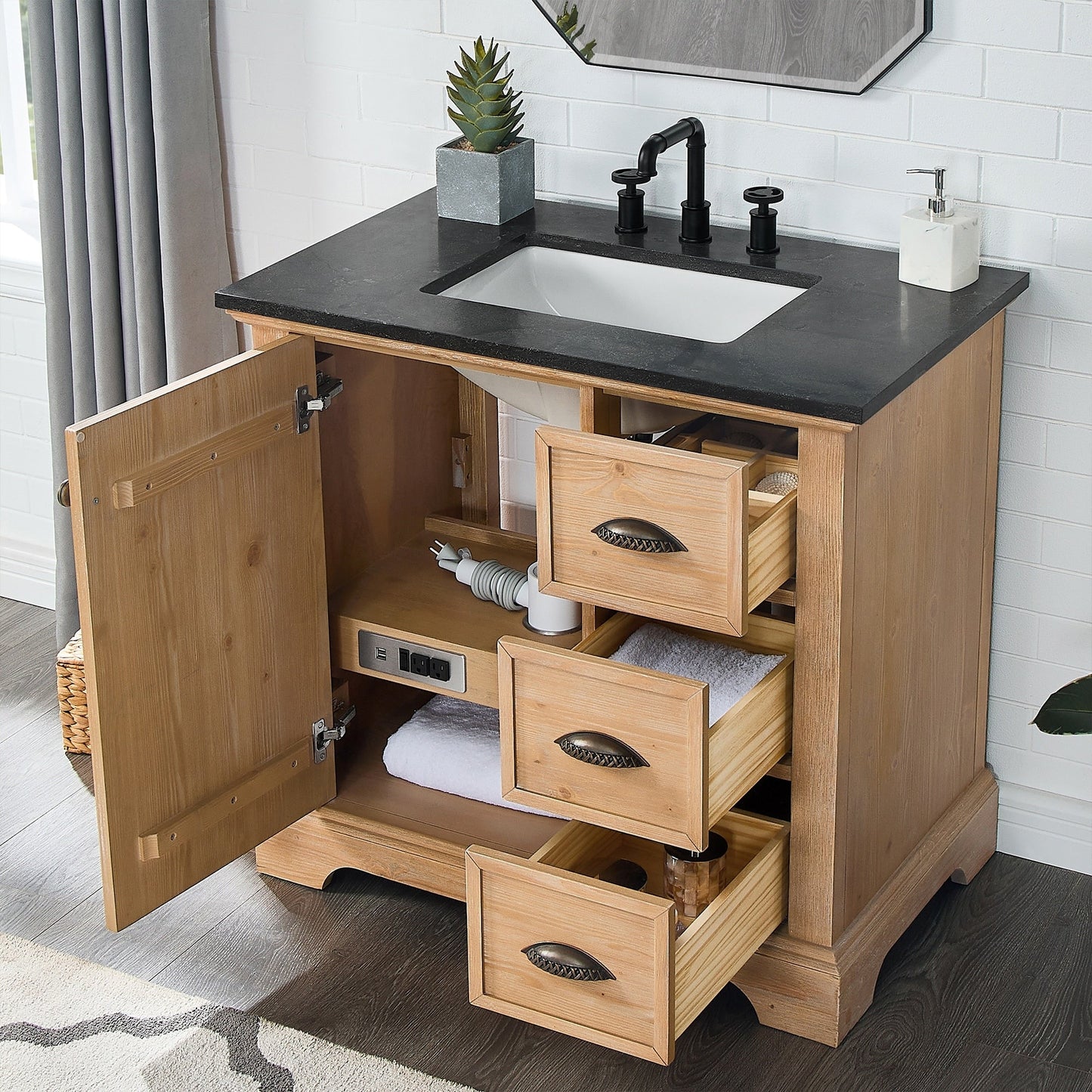 Meuble-lavabo Hervas avec plan de toilette en marbre naturel, sans miroir.