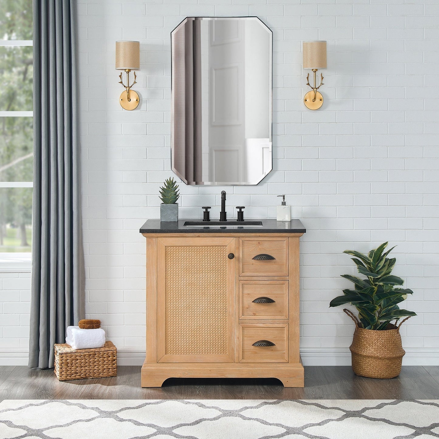 Meuble-lavabo Hervas avec plan de toilette en marbre naturel, sans miroir.