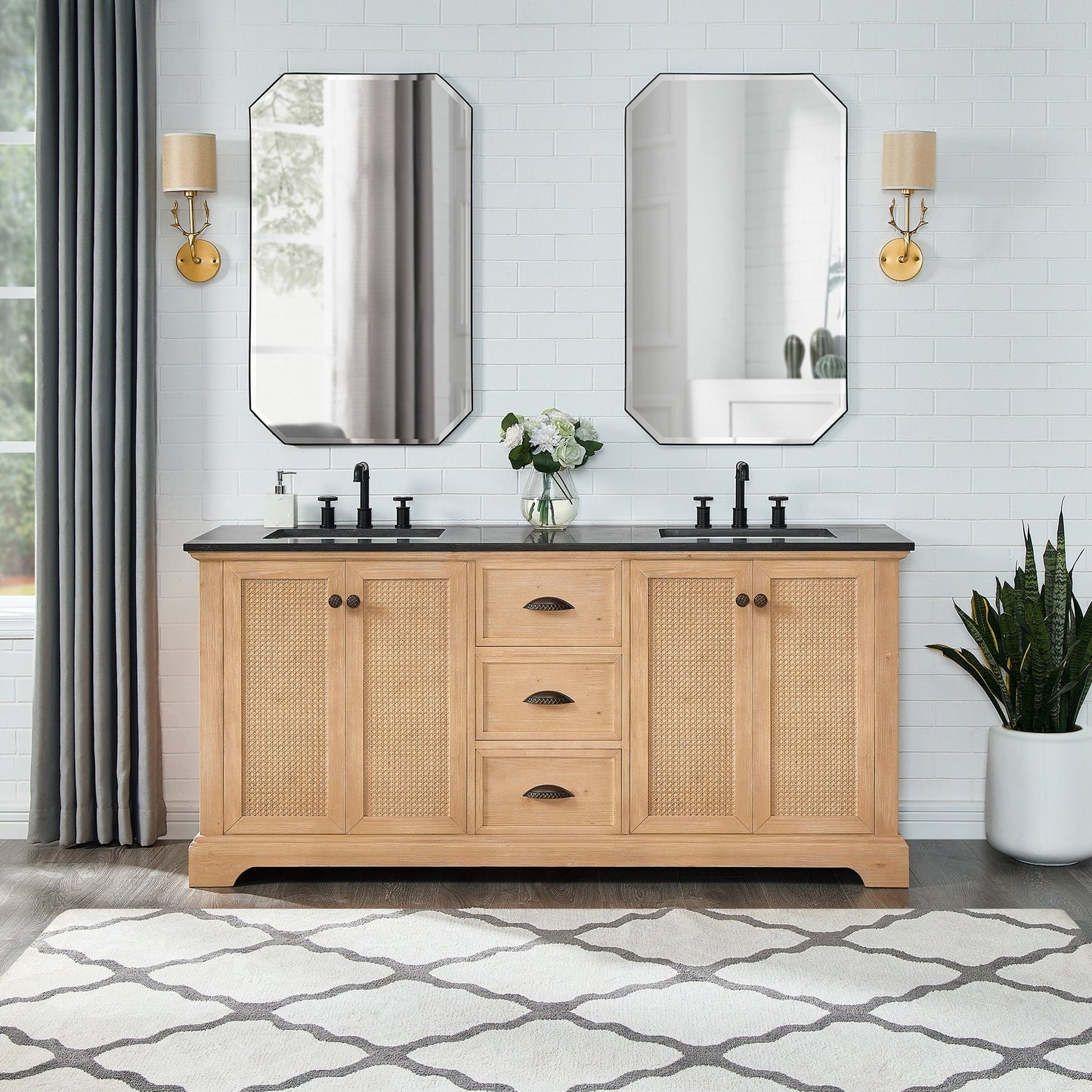 Meuble-lavabo Hervas avec plan de toilette en marbre naturel, sans miroir.