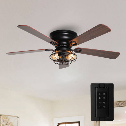 Ventilateur de plafond à 5 pales en bois de 122 cm (48 pouces) à montage encastré, style rustique, noir, avec télécommande et kit d'éclairage.