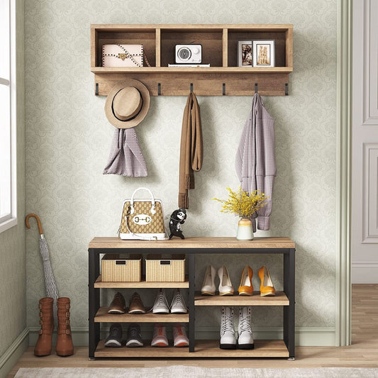 Ensemble porte-manteau et banc à chaussures pour entrée, porte-manteau et rangement de chaussures style industriel