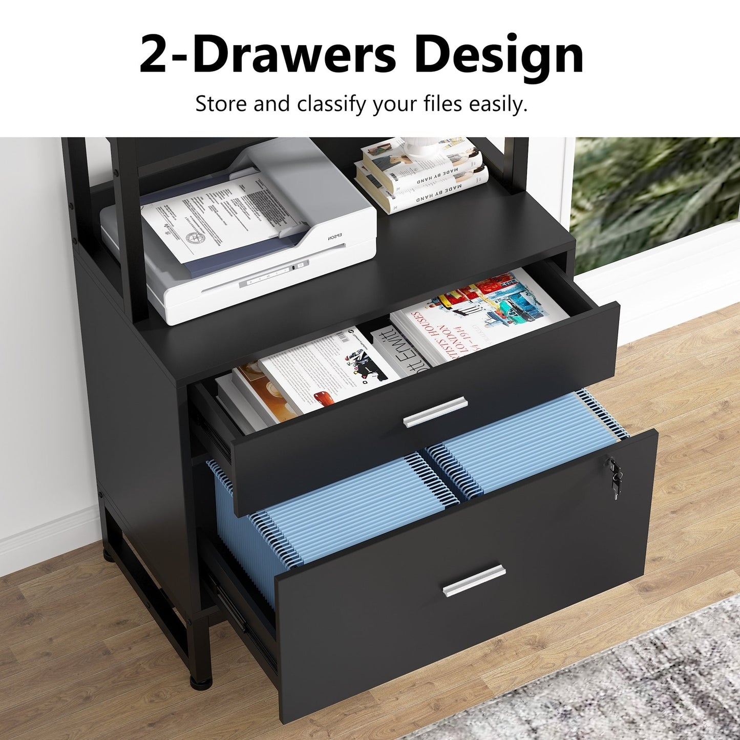 Armoire à dossiers avec 2 tiroirs, meuble de rangement moderne pour imprimante avec verrouillage