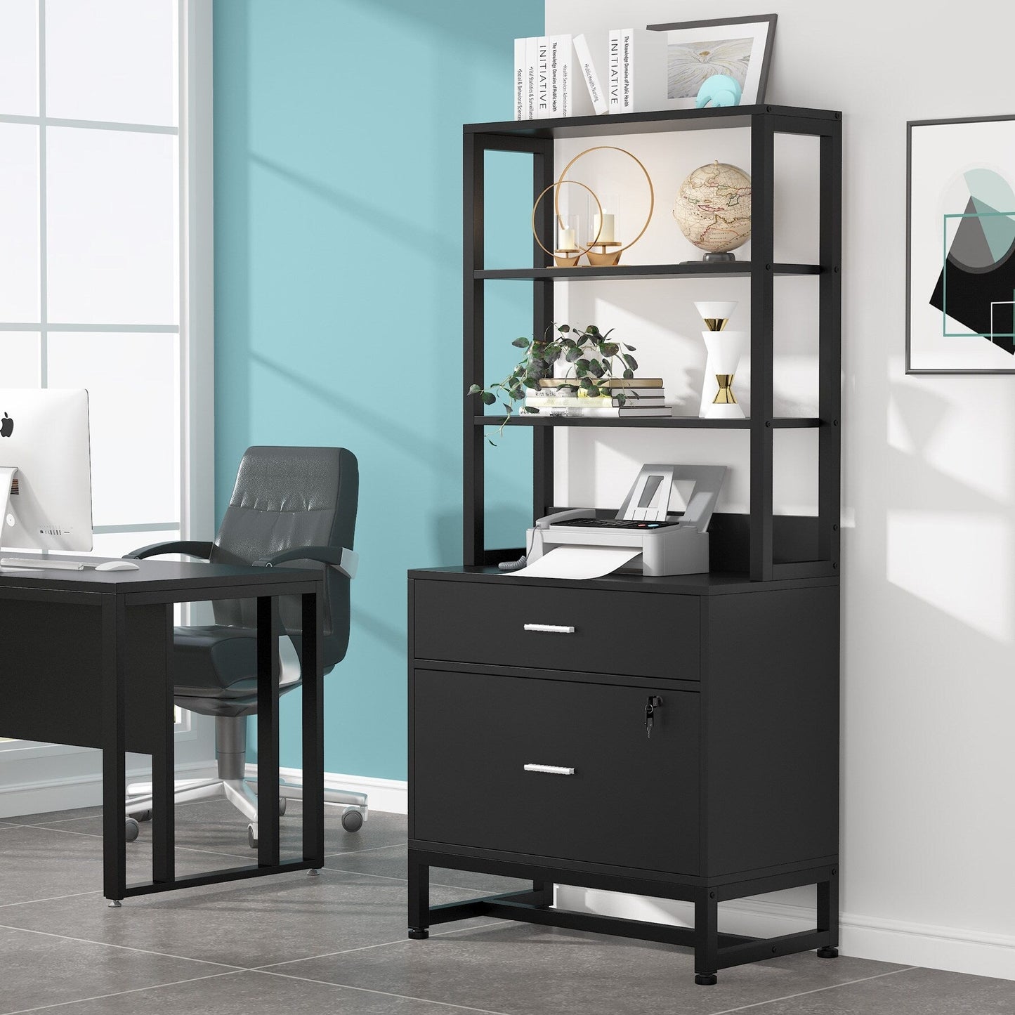 Armoire à dossiers avec 2 tiroirs, meuble de rangement moderne pour imprimante avec verrouillage