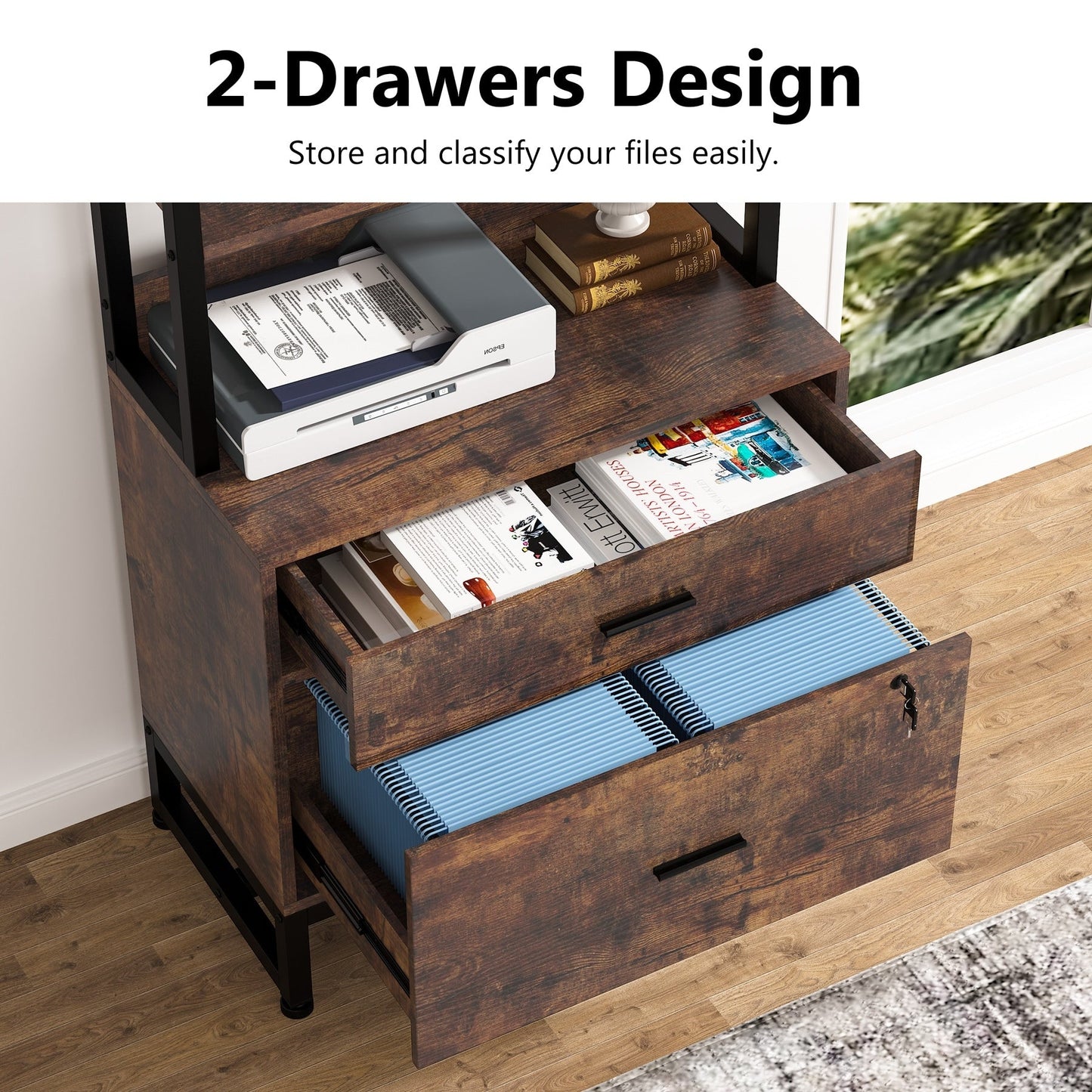 Armoire à dossiers avec 2 tiroirs, meuble de rangement moderne pour imprimante avec verrouillage