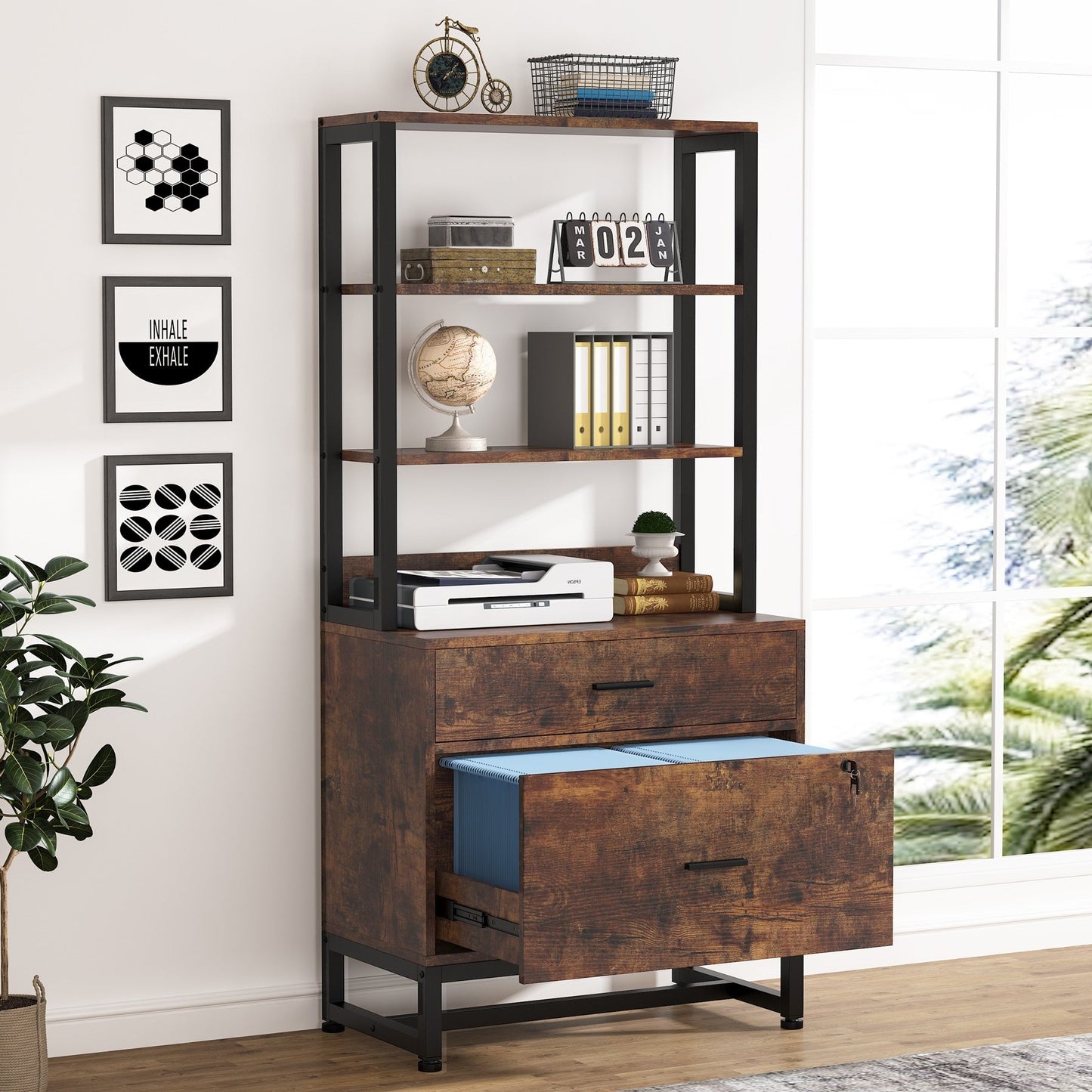 Armoire à dossiers avec 2 tiroirs, meuble de rangement moderne pour imprimante avec verrouillage