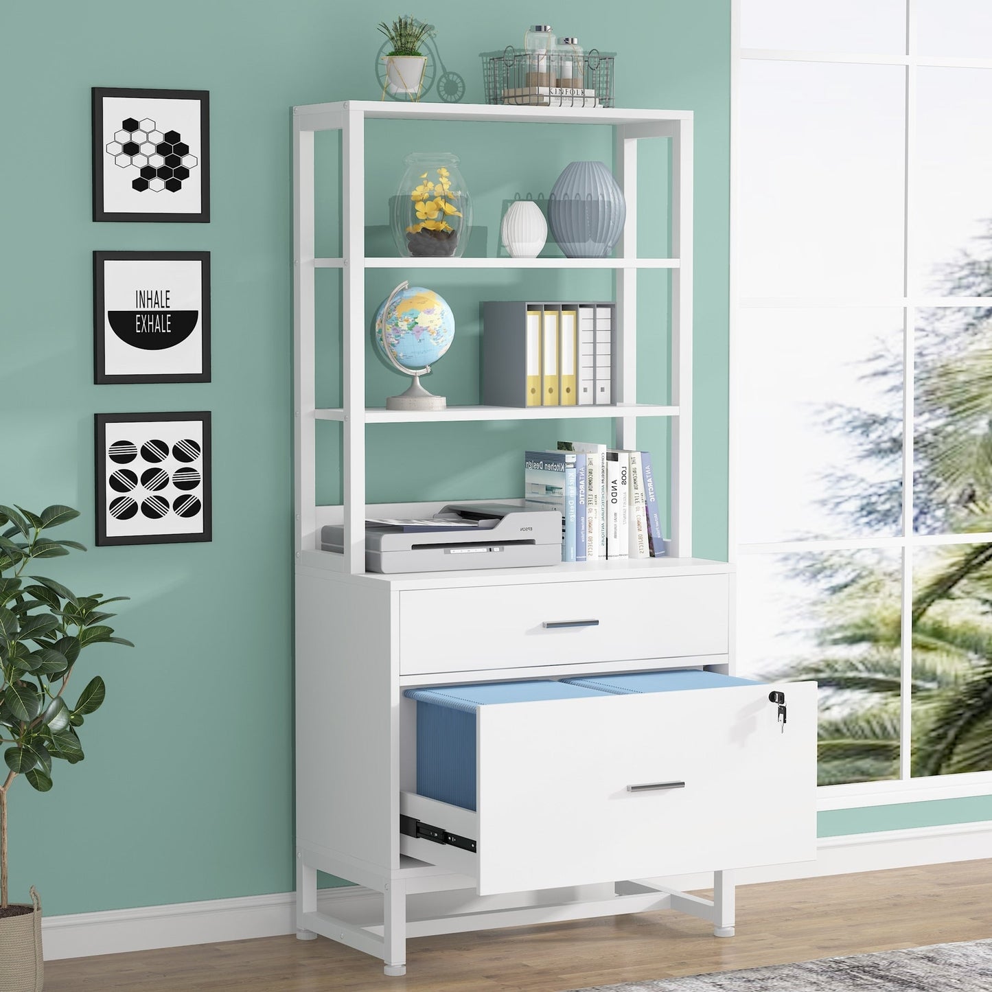 Armoire à dossiers avec 2 tiroirs, meuble de rangement moderne pour imprimante avec verrouillage