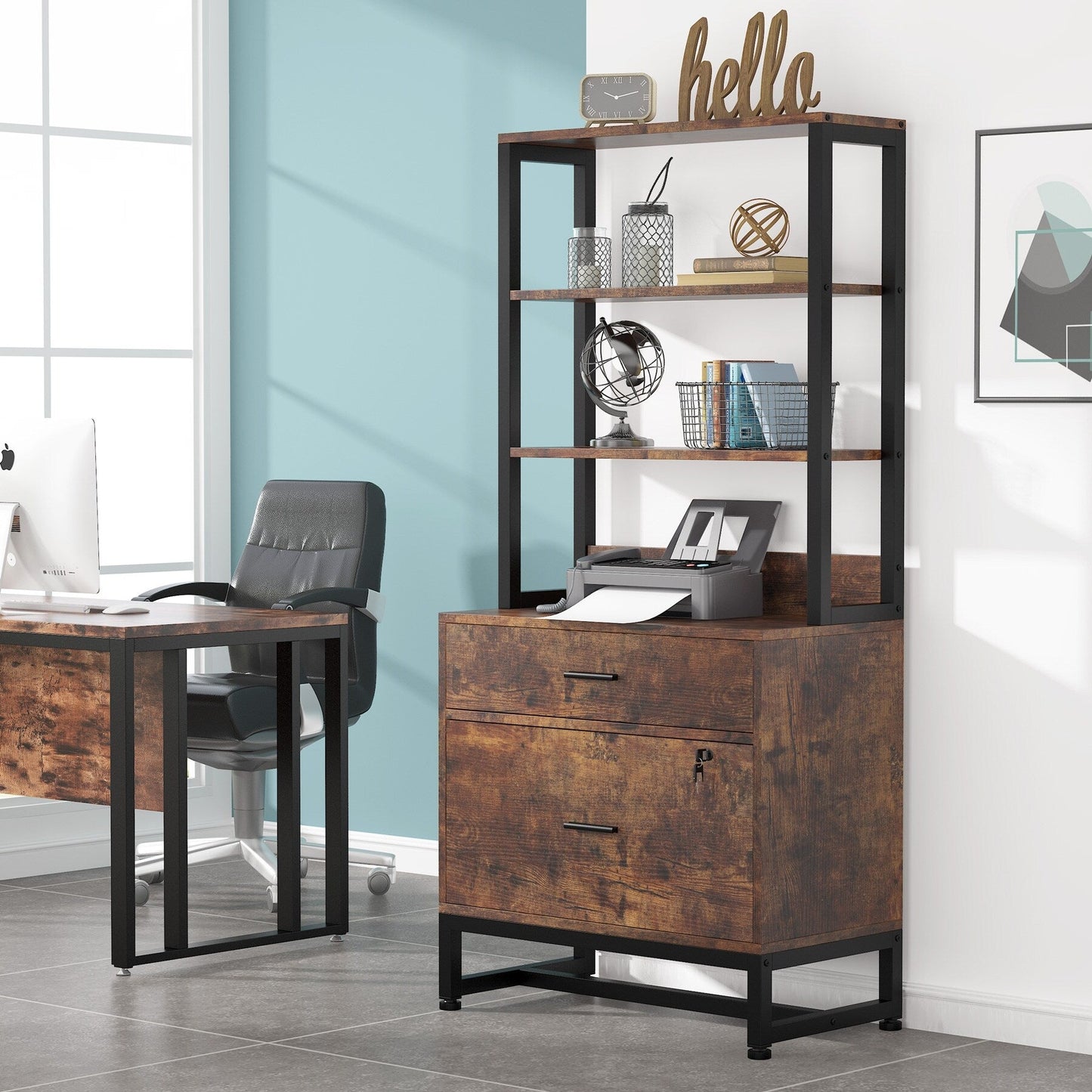 Armoire à dossiers avec 2 tiroirs, meuble de rangement moderne pour imprimante avec verrouillage