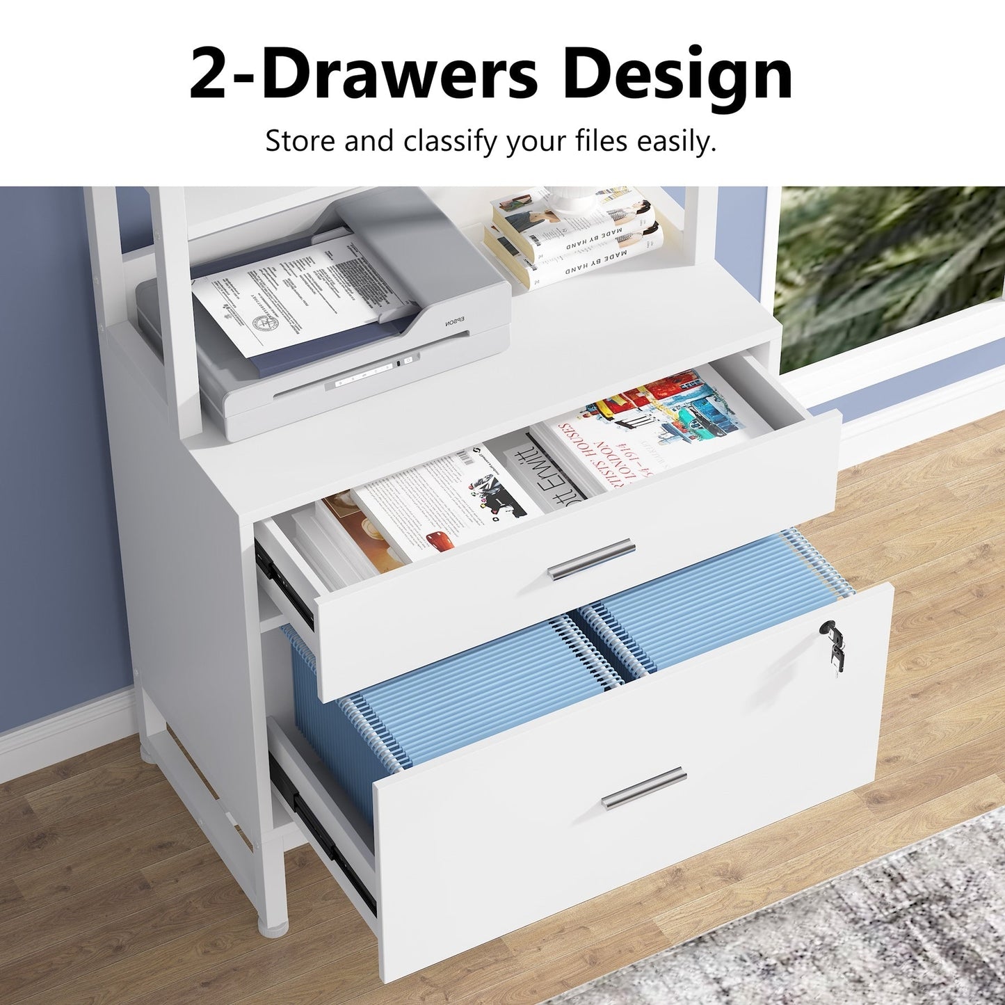 Armoire à dossiers avec 2 tiroirs, meuble de rangement moderne pour imprimante avec verrouillage