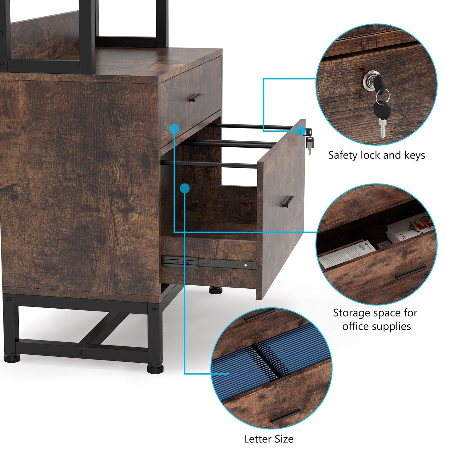 Armoire à dossiers avec 2 tiroirs, meuble de rangement moderne pour imprimante avec verrouillage