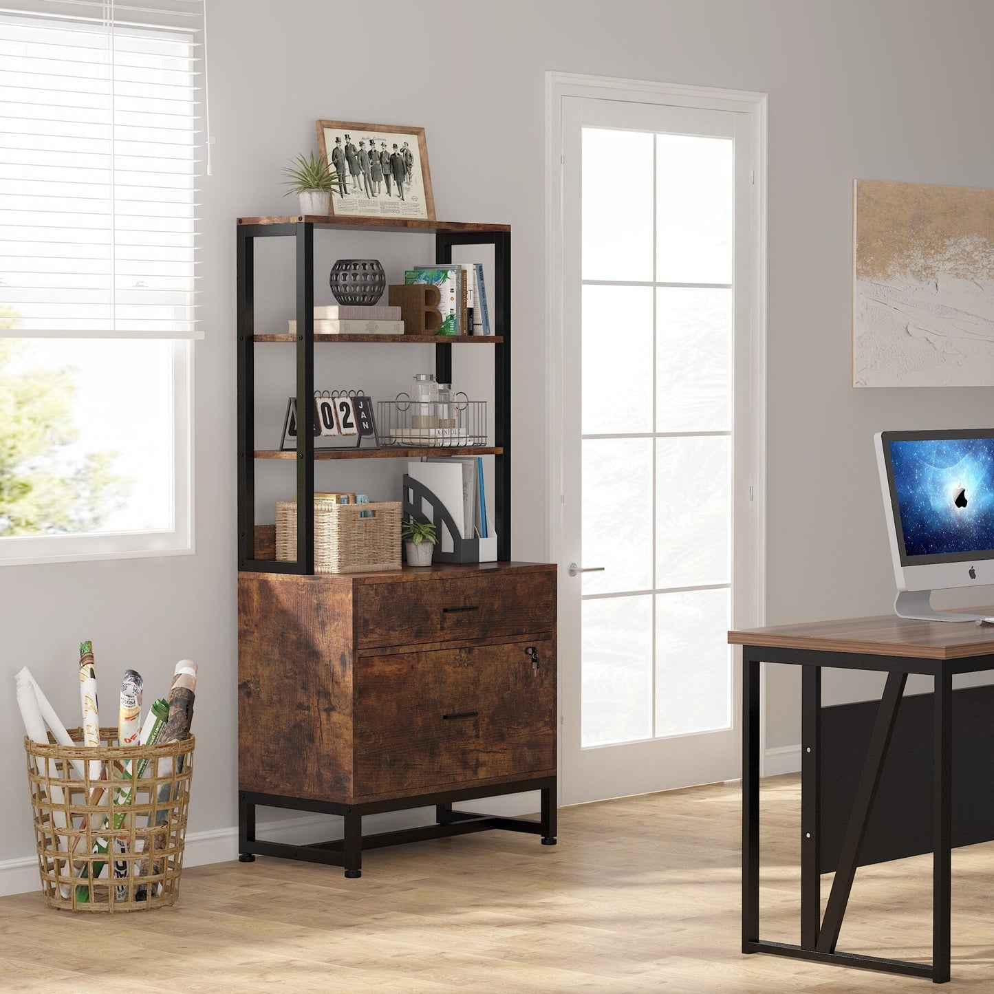Armoire à dossiers avec 2 tiroirs, meuble de rangement moderne pour imprimante avec verrouillage