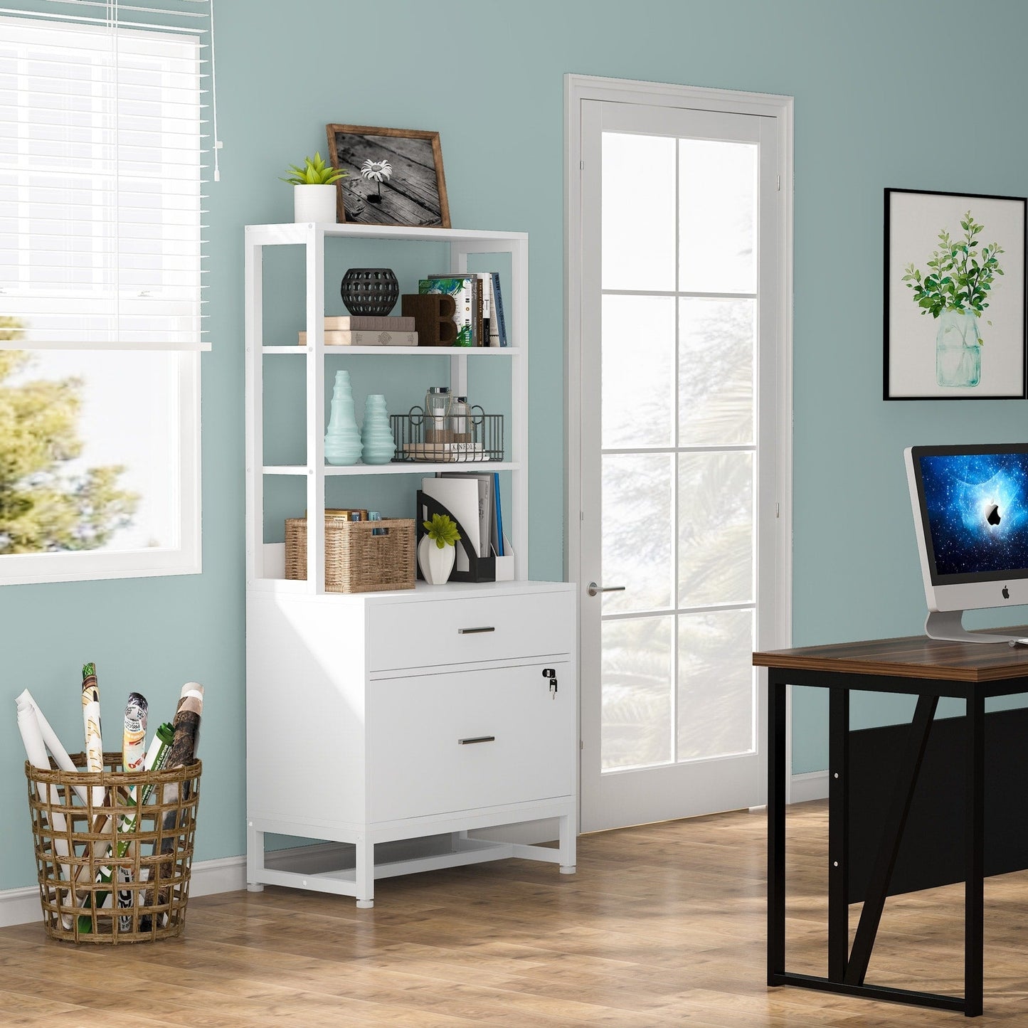 Armoire à dossiers avec 2 tiroirs, meuble de rangement moderne pour imprimante avec verrouillage