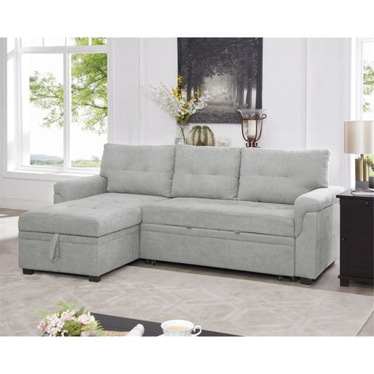 Canapé d'angle convertible et réversible avec lit escamotable, chaise longue avec rangement intégré et pieds robustes.