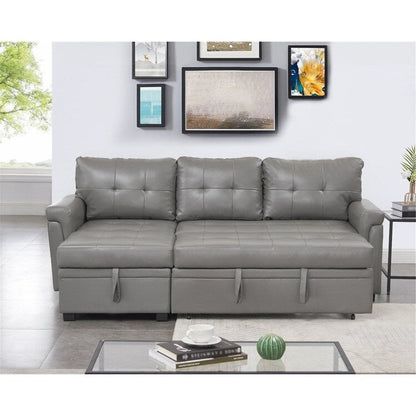 Canapé d'angle convertible et réversible avec lit escamotable, chaise longue avec rangement intégré et pieds robustes.
