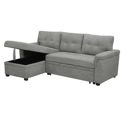 Canapé d'angle convertible et réversible avec lit escamotable, chaise longue avec rangement intégré et pieds robustes.