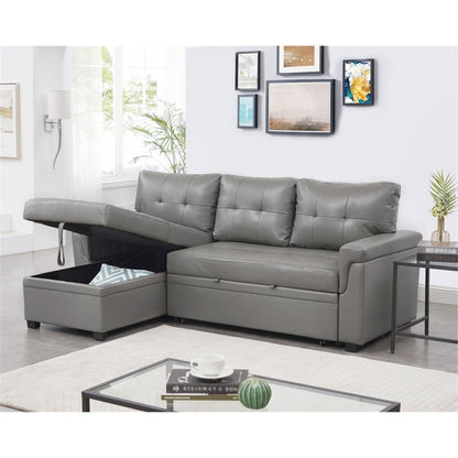 Canapé d'angle convertible et réversible avec lit escamotable, chaise longue avec rangement intégré et pieds robustes.