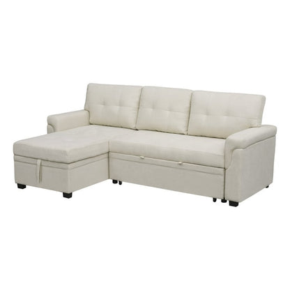 Canapé d'angle convertible et réversible avec lit escamotable, chaise longue avec rangement intégré et pieds robustes.