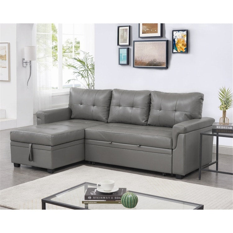 Canapé d'angle convertible et réversible avec lit escamotable, chaise longue avec rangement intégré et pieds robustes.
