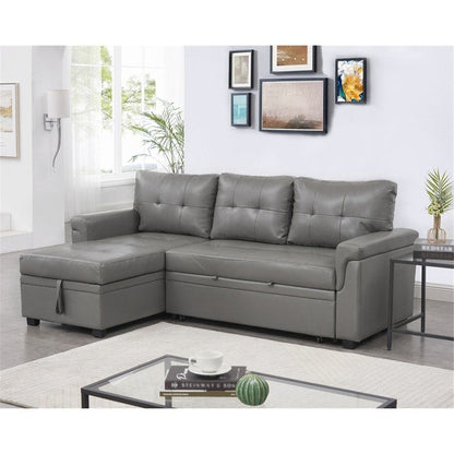 Canapé d'angle convertible et réversible avec lit escamotable, chaise longue avec rangement intégré et pieds robustes.