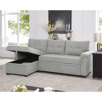 Canapé d'angle convertible et réversible avec lit escamotable, chaise longue avec rangement intégré et pieds robustes.