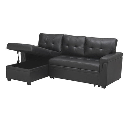 Canapé d'angle convertible et réversible avec lit escamotable, chaise longue avec rangement intégré et pieds robustes.