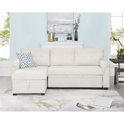 Canapé d'angle convertible et réversible avec lit escamotable, chaise longue avec rangement intégré et pieds robustes.