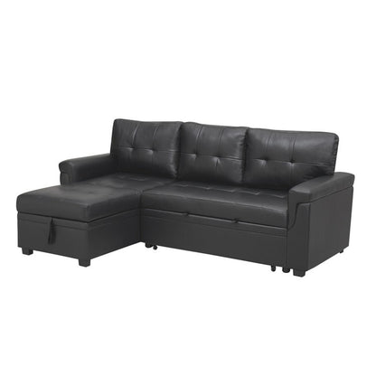 Canapé d'angle convertible et réversible avec lit escamotable, chaise longue avec rangement intégré et pieds robustes.