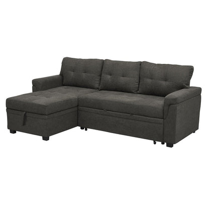 Canapé d'angle convertible et réversible avec lit escamotable, chaise longue avec rangement intégré et pieds robustes.
