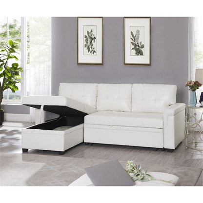 Canapé d'angle convertible et réversible avec lit escamotable, chaise longue avec rangement intégré et pieds robustes.