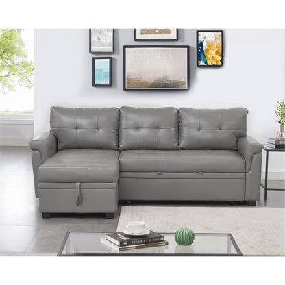Canapé d'angle convertible et réversible avec lit escamotable, chaise longue avec rangement intégré et pieds robustes.